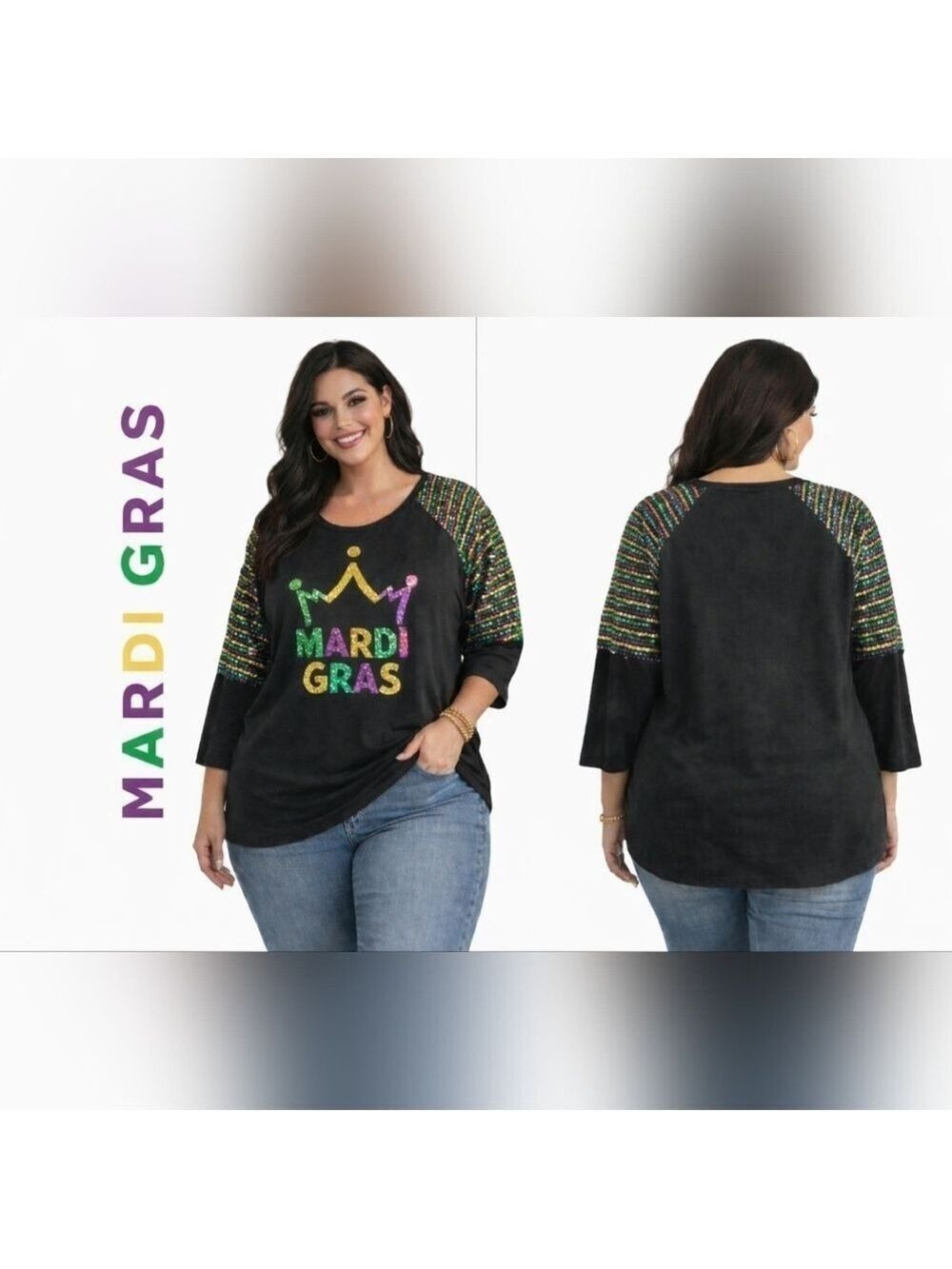 Mardi Gras Sequin Raglan Sleeve Black Sweater Size 18/20W Festival Parade - Picture 1 of 7